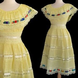 Mexican Hand Embroidered Pintuck Wedding Dress M